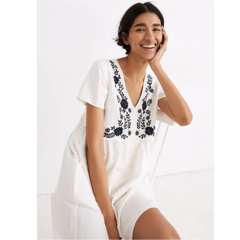 Madewell Embroidered Linen-Blend Alexandra Button-Front Mini Dress